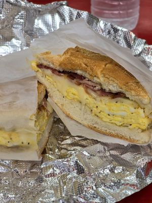 Bacon, eggs, cheese on a roll.