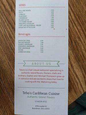 Back of take out menu