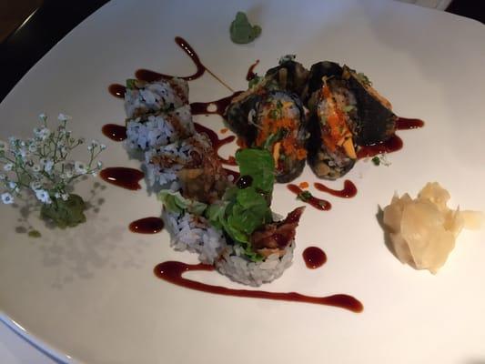 Volcano roll and spider roll in a pretty impressive presentation!