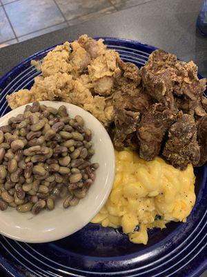 Liver and gizzards. Purple hull beans, Mac and cheese