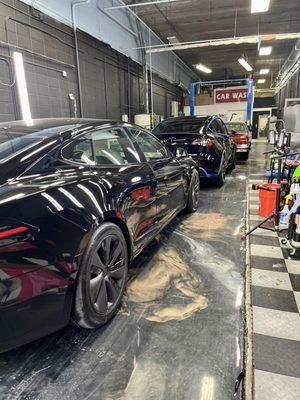 Model S was in for a full front PPF wrap, and the Model Y was getting the Ultimate ION Ceramic Coating with a paint correction