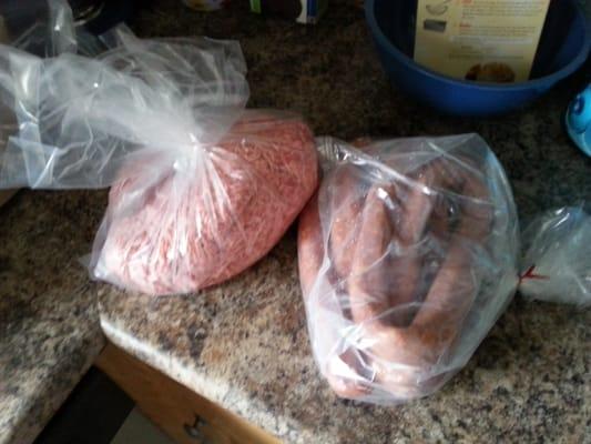 5lb of ground chuck abd 4 lb of keilbasa!