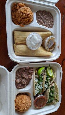 Chicken tamales, fish tacos