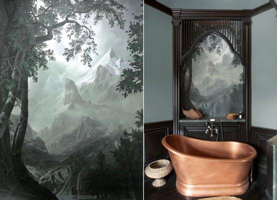 Dramatic, grisailles (monochrome) mountain landscape mural in bathroom. Private residence, Los Angeles, CA