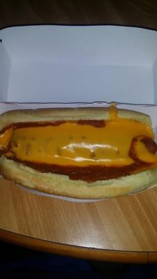 Hot dog with chili and cheese!