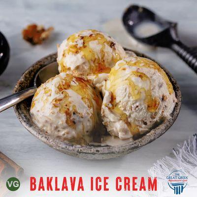 Baklava Ice Cream - 
 Crushed Baklava with Vanilla Ice Cream Topped with Honey
 (Vegetarian)