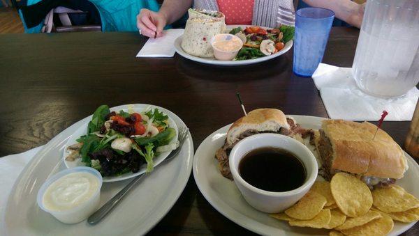 French dip with Swiss cheese and chicken ranch wrap.