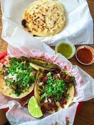 Tacos and Chicken and Cheese Pupusa