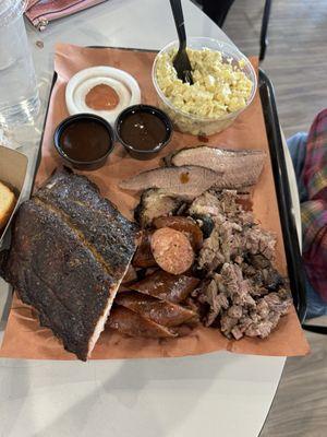 Three meat plate. Brisket, ribs and sausage.  Come get some.