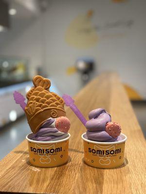 ube sesame swirl upside down ahboong, ube soft serve in a cup