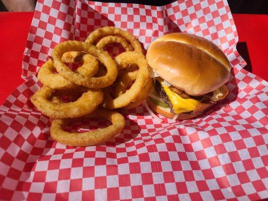 Burger and onion rings