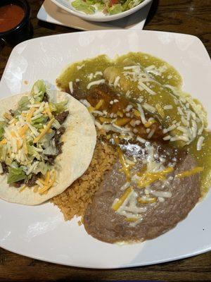 Sampler plate with beef soft taco, chicken enchilada verde, and a pork tamale with chili. Yum!