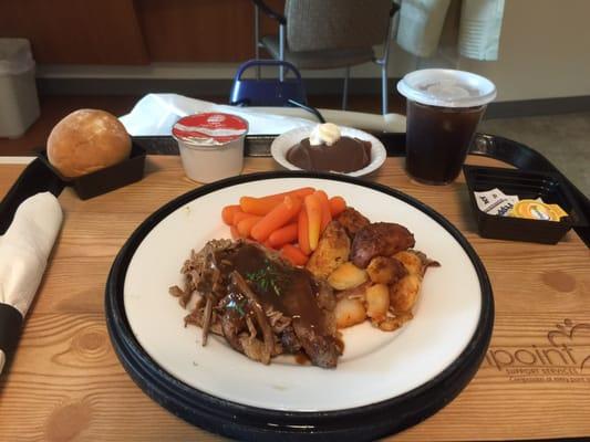 Delectable pot roast and carrots with taters and pudding, a roll and some milk, oh, then a soda. Every condiment you could possibly need.