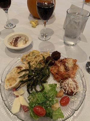 Some of the food from the Italian Buffet night - Mary's pasta salad, Italian meatballs, lasagna, eggplant Parmesan, salad, etc.