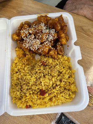 Sesame chicken lunch comes with yellow pork fried rice & eggroll $8.25. Was pretty good.