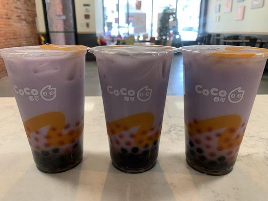 Taro milk tea with bubble and strawberry popping pearl!