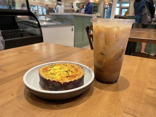 Quiche Lorraine and iced coffee