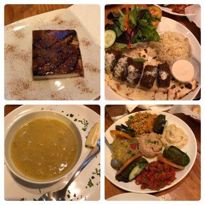 (Top) almond cake, falafel platter, (bottom) lentil soup and the appetizer sampler. Very delicious!