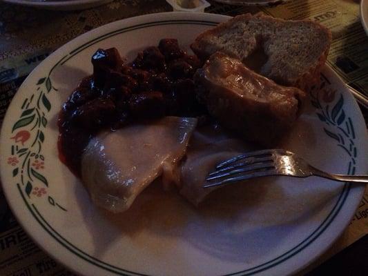 My second plate of food. It was dark in there but hopefully you can see the pierogie, beef and piggie (cabbage roll).