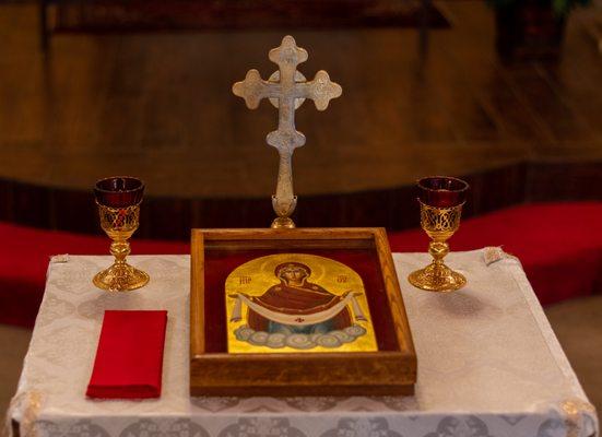 Our tetrapod with our patron icon, The Protection of the Theotokos