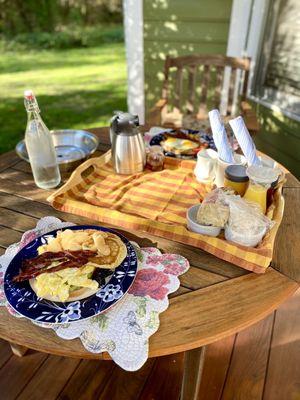 Breakfast on front porch of Marley's Cottage