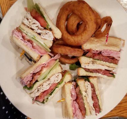 Turkey Ham Bacon Club with onion rings