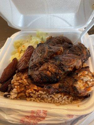 Spicy Jerk chicken plate, Rice and Peas, and cabbage all  cooked to perfection, love love love M & K never disappointed