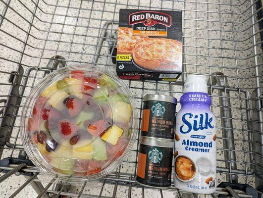 Red Baron Deep Dish pizza $4.59. Silk Almond Creamer $5.59. Starbucks Medium Roast Instant $10.79 each. Large fruit salad $16.08.