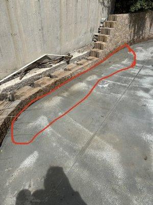 Concrete was poured and left pots of water against the retaining wall