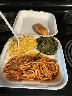 I had spaghetti, mac and cheese and turnip greens with corn bread.