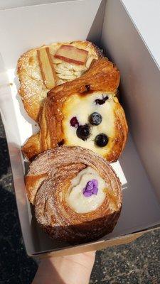 chai cruffin, almond rhubarb bostock, blueberry duchess