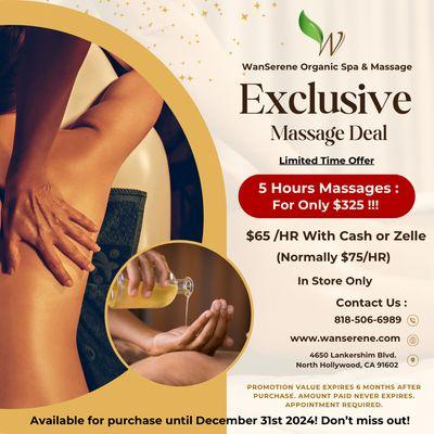 Excusive Massage Deal!! 5 hours Massages: For only $325!! $65/hour with Cash or Zelle ( Normally $75/hour)