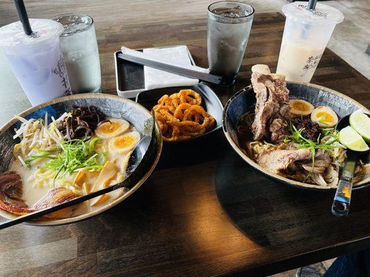 Left is the Garlic Tonkotsu Ramen, middle is Fried Calamari, right Spicy Beef Ramen. Drinks are Taro Milk Tea and Hokkaido Milk Tea