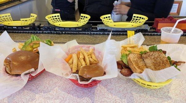 Double cheeseburger, kid's cheeseburger, and BLT