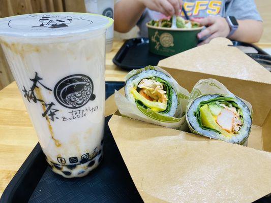 Coconut milk tea and imitation crab meat sushi burrito