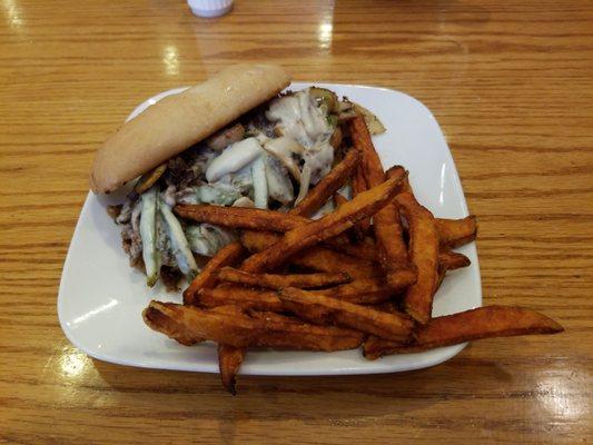 Philly cheesesteak with sweet potato fries