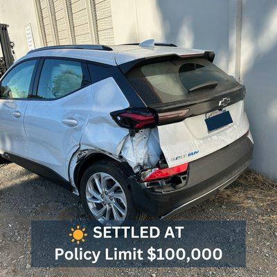 Rear-end accident settled at Policy Limit $100,000.