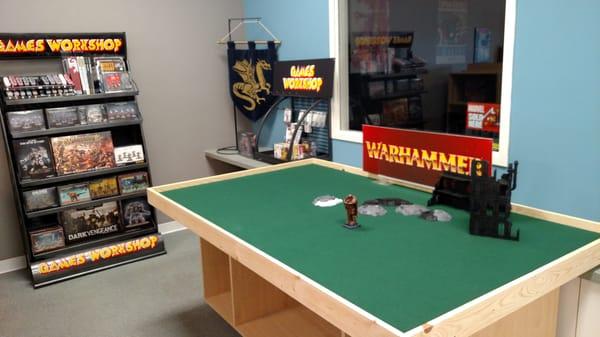 Come play Warhammer 40k or Age of Sigmar on our felted table.  We have terrain available for use.