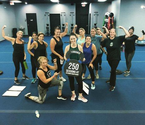 [Milestone Achievement!] "Celebrate good times, come on!" . Our wonderful client, Melissa H. has crushed...wait for it...250 sessions!!