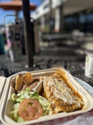 PLATILLO ESPECIAL 2 Burritos de Birria covered w/ Salsa Especial/Green Chile Pork Sauce & Cheese - Refried Beans, Lettuce, & Tomato