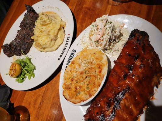 Tuscan Steak w/Mash & Babyback ribs with NYO Mac and Cheese & Coleslaw