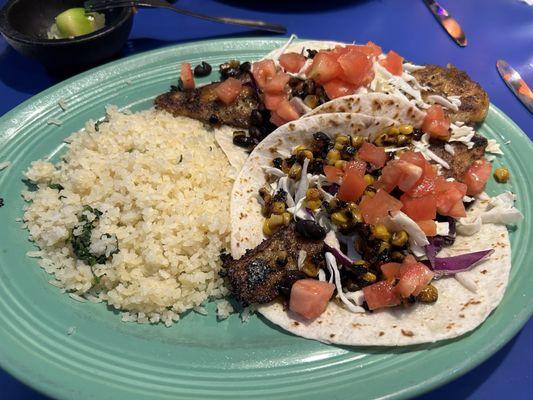 Blackened Fish Taco Dinner with tomatoes instead of pico de gallo