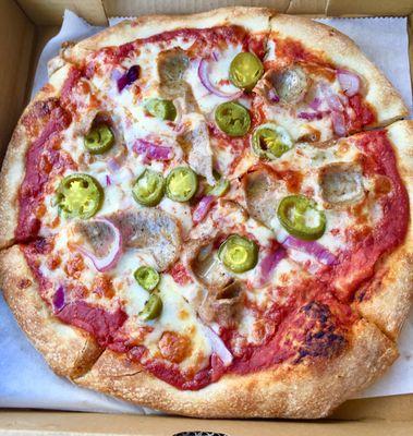 Small 10" Pizza: Sausage, jalapeño, onion - with extra sauce under the cheese. Perfectly crispy & chewy down to the last slice! ($13.75)