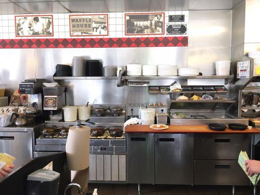 The kitchen area, typical Waffle House style.