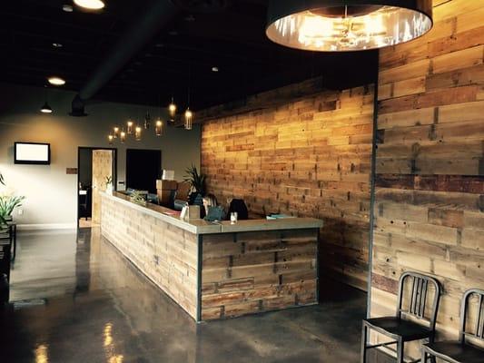 Front desk with reclaimed wood