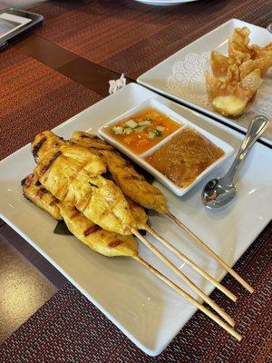 chicken satay, crab rangoon