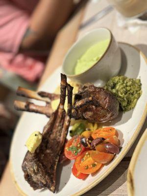 Fire Broiled Lamb Chops Jalapeño mash cherry tomatoes, kalamata olive, fresh broccoli purée, creamed corn, house-made corn bread,