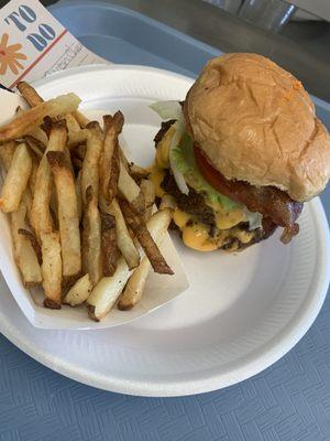 Double bacon cheeseburger served with fries and a drink combo special