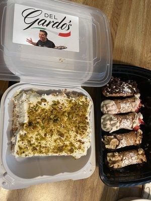 Pistachio tiramisu and then the cannoli are: chocolate chip, strawberries and cream and the dulce de leche.