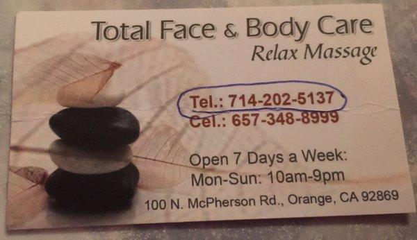 business card of Total Face & Body Care